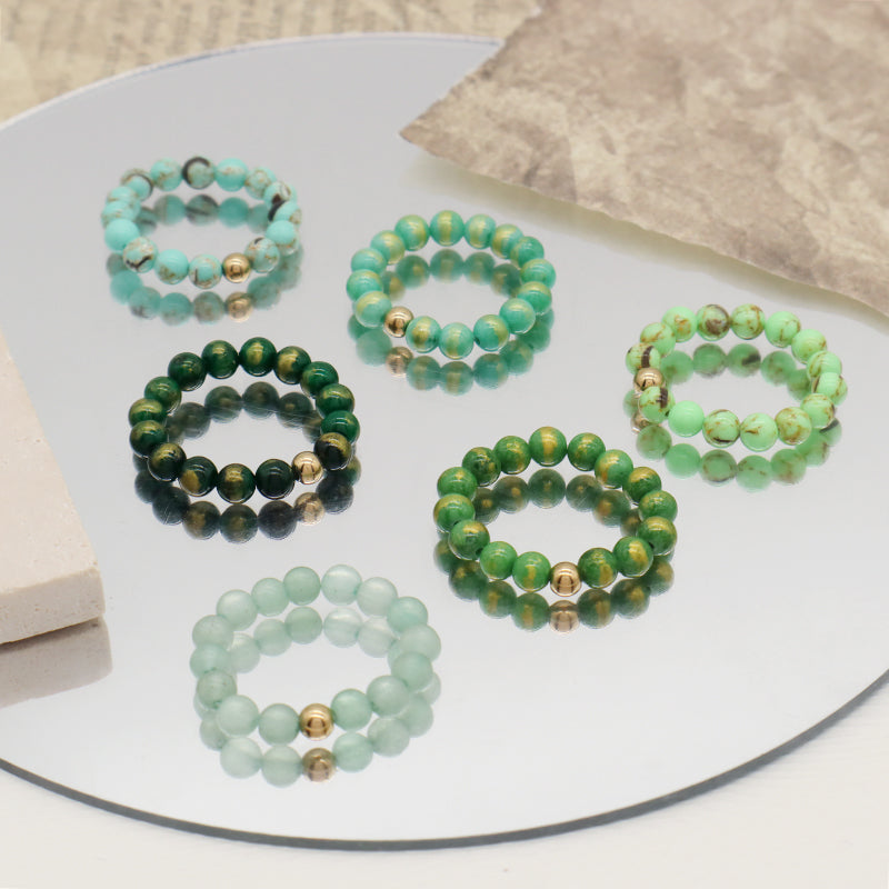 Wholesale Handmade Women Custom Gold Plated Beads Ring Jewelry Elastic 5mm Gemstone Natural Stone Colorful Jade Beaded Ring