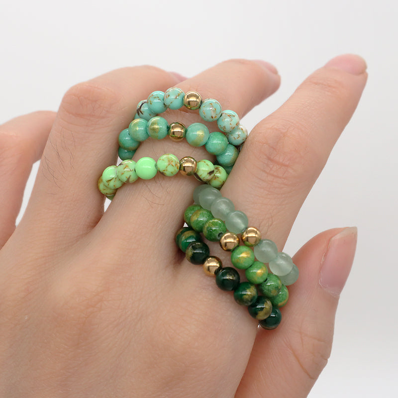 Wholesale Handmade Women Custom Gold Plated Beads Ring Jewelry Elastic 5mm Gemstone Natural Stone Colorful Jade Beaded Ring