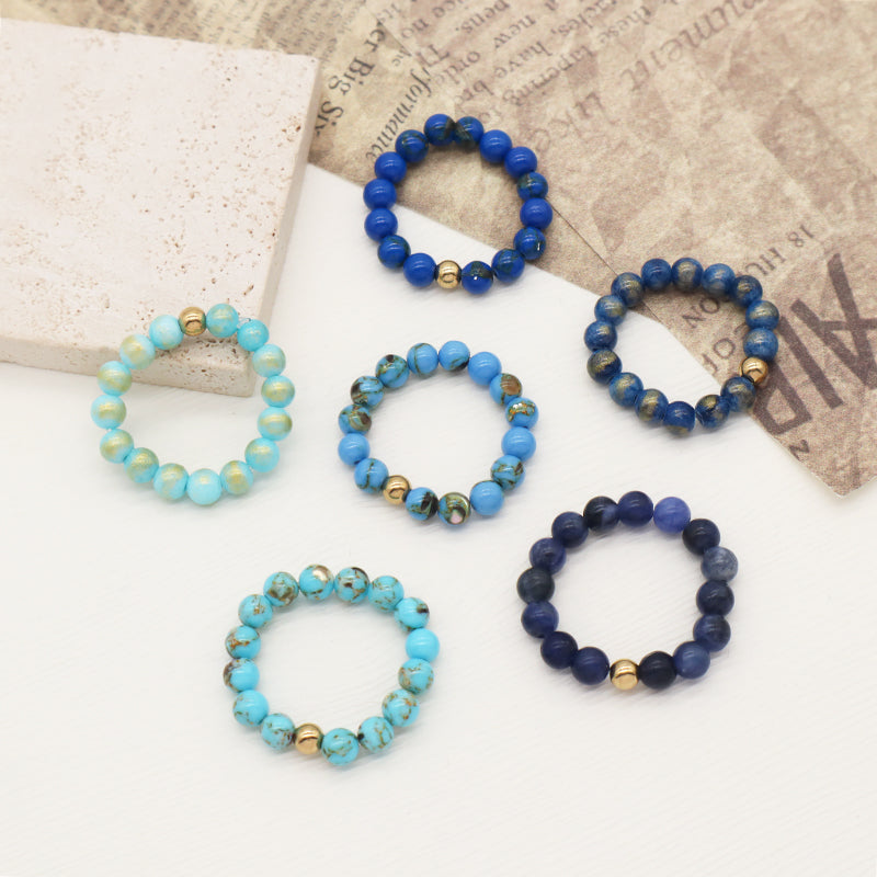 Fashion Factory Handmade Custom Wholesale Gold Plated Elastic 5mm Colorful Jade Beads Gemstone Natural Stone Ring For Women
