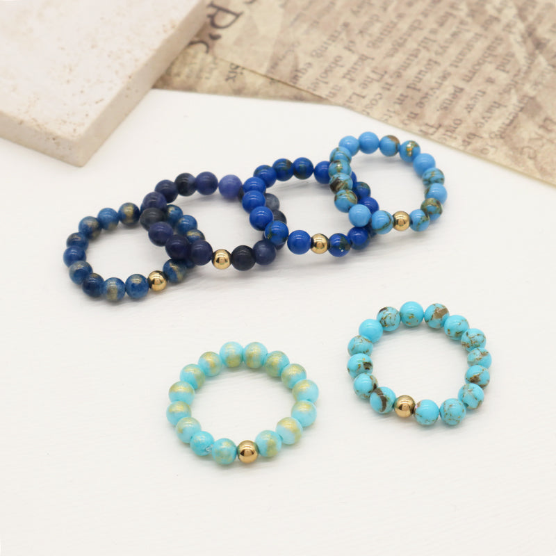 Fashion Factory Handmade Custom Wholesale Gold Plated Elastic 5mm Colorful Jade Beads Gemstone Natural Stone Ring For Women