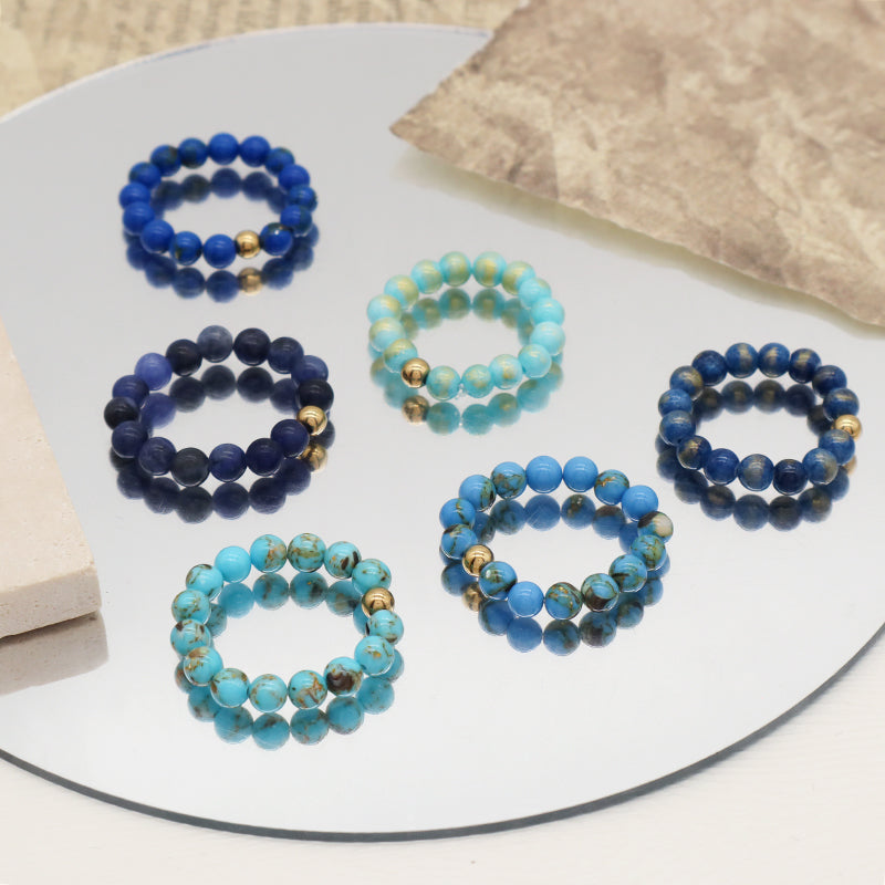 Fashion Factory Handmade Custom Wholesale Gold Plated Elastic 5mm Colorful Jade Beads Gemstone Natural Stone Ring For Women