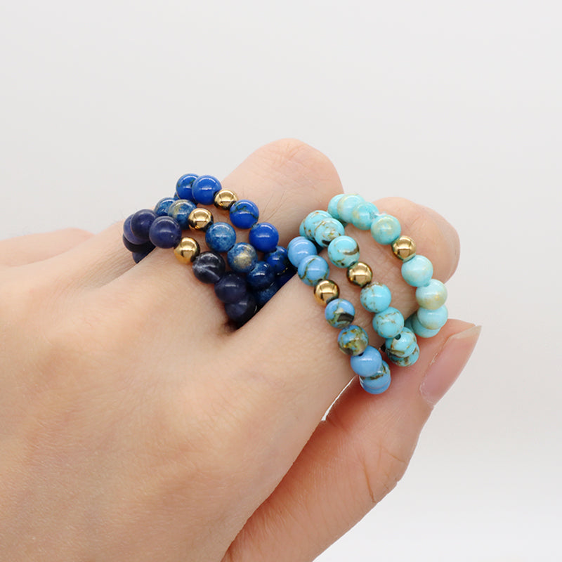 Fashion Factory Handmade Custom Wholesale Gold Plated Elastic 5mm Colorful Jade Beads Gemstone Natural Stone Ring For Women
