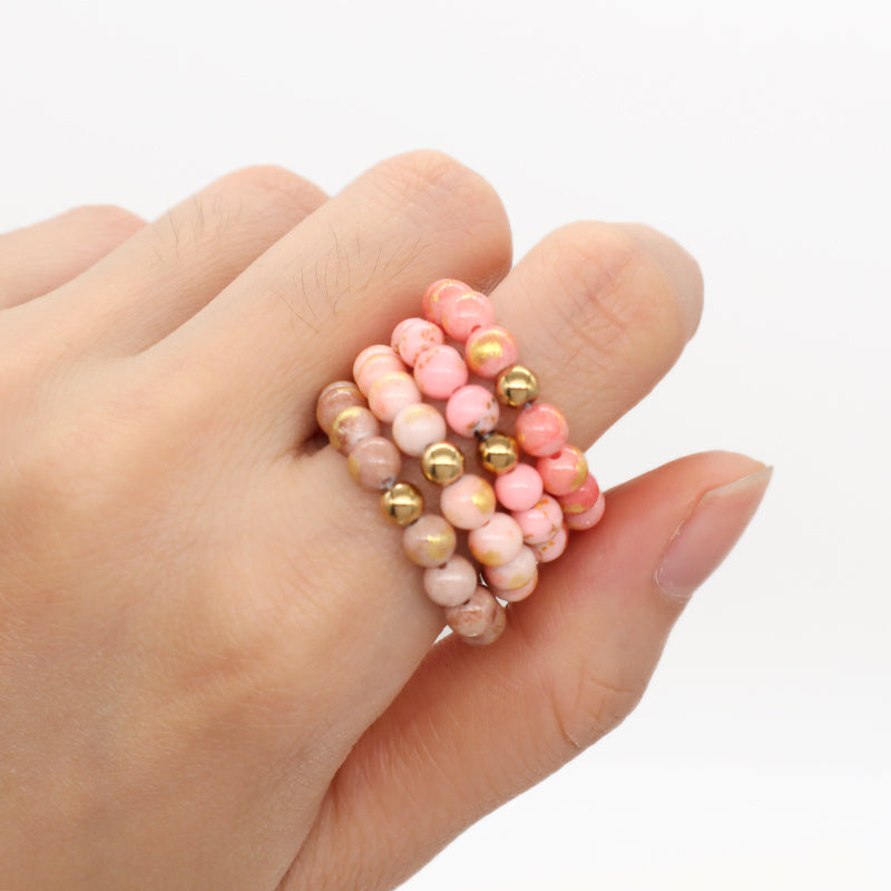 High Quality Wholesale 5mm Natural Stone Gemstone Gold Plated Beads Women Custom Handmade Elastic Colorful Jade Beaded Ring