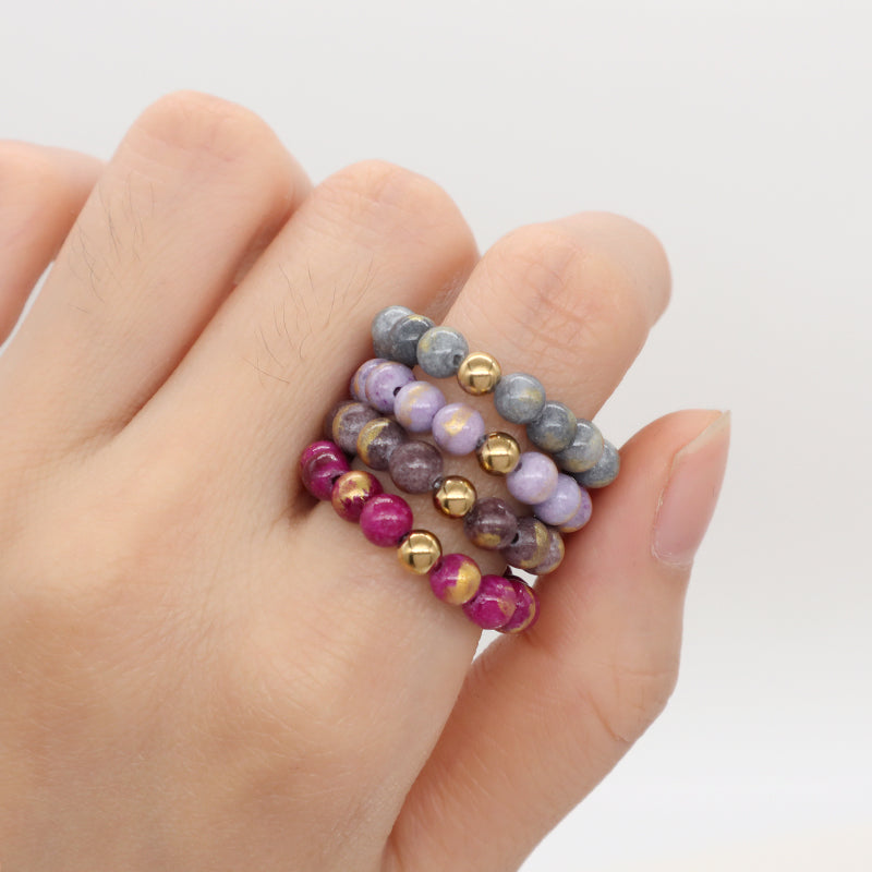 Wholesale Various Natural Stone 5mm Gemstone Beads Elastic Ring Handmade Gold Plated Custom Colorful Jade Beaded Ring For Women