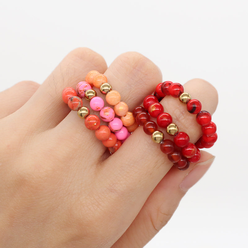 Handmade Natural Stone Beads Women Rings Ajustable 5mm Gem Stone Gold Plated Brass Bead Custom Elastic Colorful Jade Beaded Ring