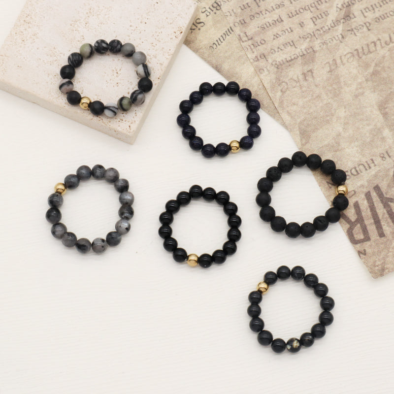 OEM 5mm Natural GemStone Bead Gold Plated Custom Handmade Natural Stone Beads Ajustable Elastic Black Lava Ring For Women Men