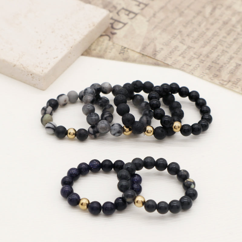 OEM 5mm Natural GemStone Bead Gold Plated Custom Handmade Natural Stone Beads Ajustable Elastic Black Lava Ring For Women Men