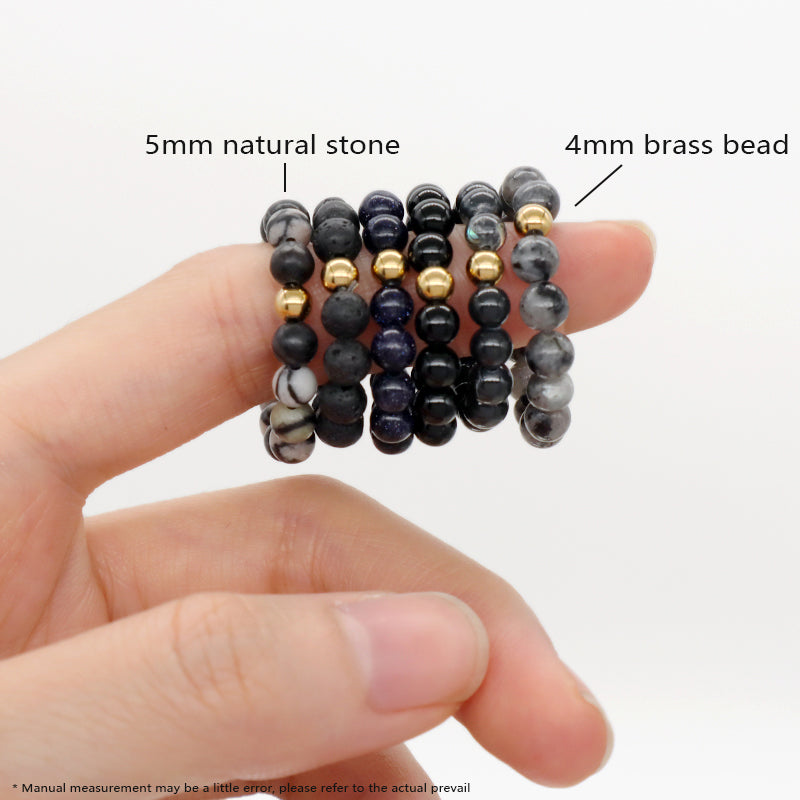 OEM 5mm Natural GemStone Bead Gold Plated Custom Handmade Natural Stone Beads Ajustable Elastic Black Lava Ring For Women Men
