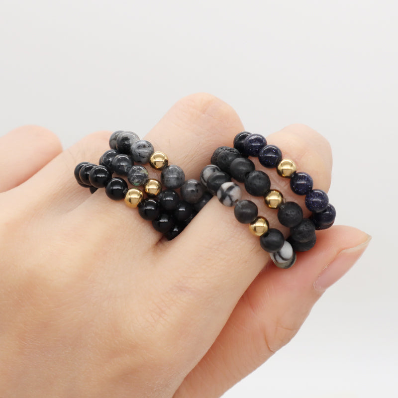 OEM 5mm Natural GemStone Bead Gold Plated Custom Handmade Natural Stone Beads Ajustable Elastic Black Lava Ring For Women Men