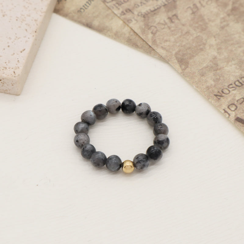OEM 5mm Natural GemStone Bead Gold Plated Custom Handmade Natural Stone Beads Ajustable Elastic Black Lava Ring For Women Men