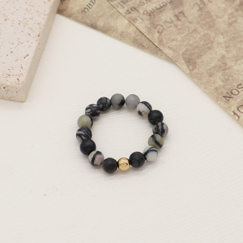 OEM 5mm Natural GemStone Bead Gold Plated Custom Handmade Natural Stone Beads Ajustable Elastic Black Lava Ring For Women Men