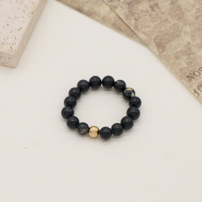 OEM 5mm Natural GemStone Bead Gold Plated Custom Handmade Natural Stone Beads Ajustable Elastic Black Lava Ring For Women Men