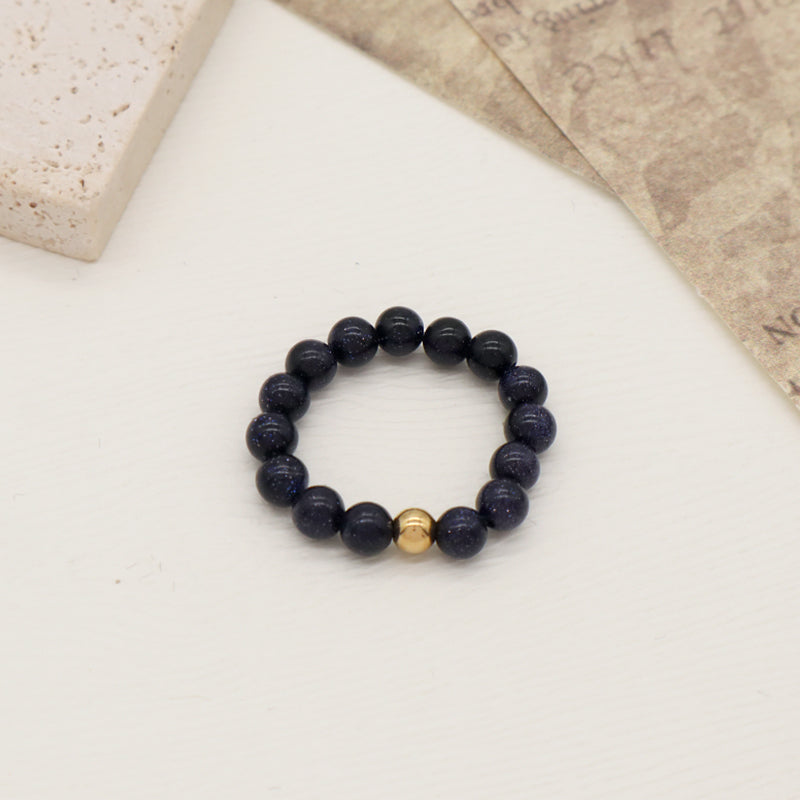 OEM 5mm Natural GemStone Bead Gold Plated Custom Handmade Natural Stone Beads Ajustable Elastic Black Lava Ring For Women Men