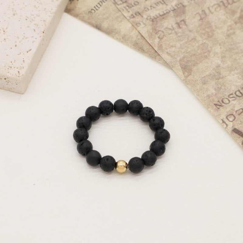OEM 5mm Natural GemStone Bead Gold Plated Custom Handmade Natural Stone Beads Ajustable Elastic Black Lava Ring For Women Men