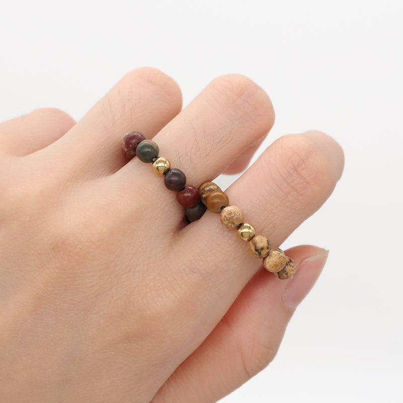 Women Men Fashion Wholesale Factory OEM 5mm Natural Stone Gold Plated Brass Beads Custom Handmade GemStone Beaded Stretch Ring