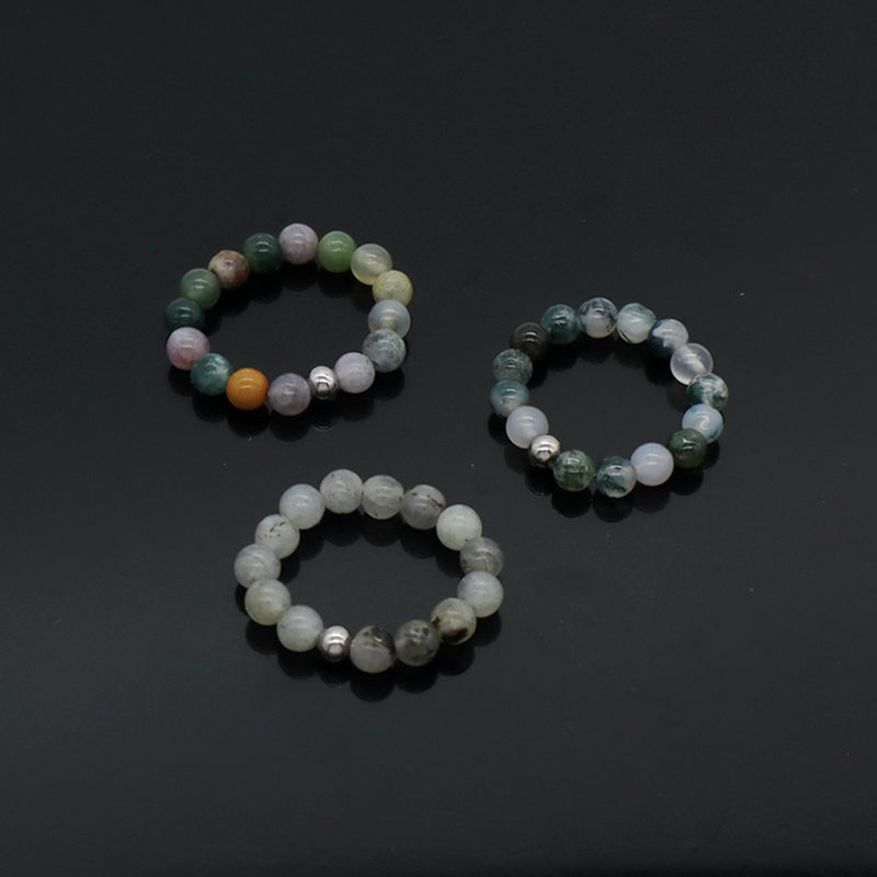 Various 5mm Natural Stone Beaded Ring Wholesale Custom Factory Gemstone OEM Rhodium Brass Beads Stretch Handmade Women Men Ring