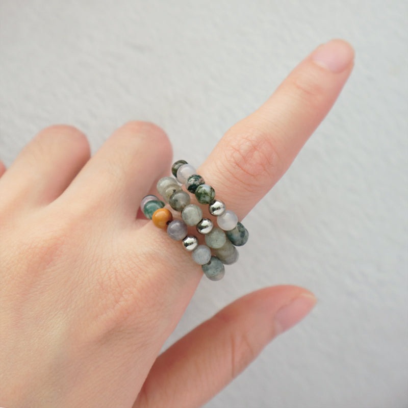 Various 5mm Natural Stone Beaded Ring Wholesale Custom Factory Gemstone OEM Rhodium Brass Beads Stretch Handmade Women Men Ring