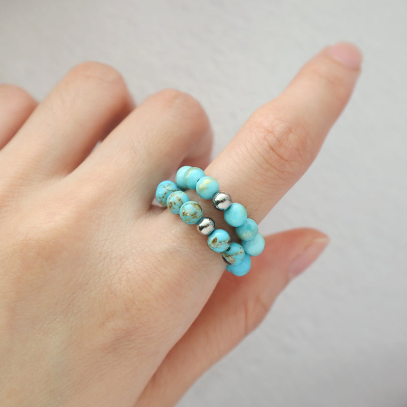 Fashion Newest OEM Handmade Custom Rhodium Brass Bead 5mm Natural Semi-precious Stone Gemstone Elastic Beaded Ring For Women Men