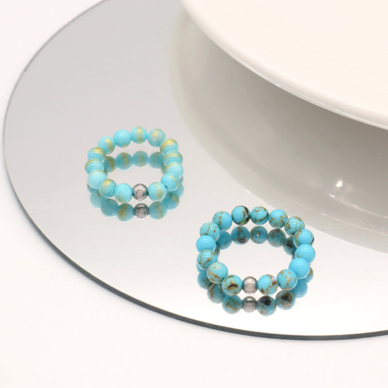 Fashion Newest OEM Handmade Custom Rhodium Brass Bead 5mm Natural Semi-precious Stone Gemstone Elastic Beaded Ring For Women Men