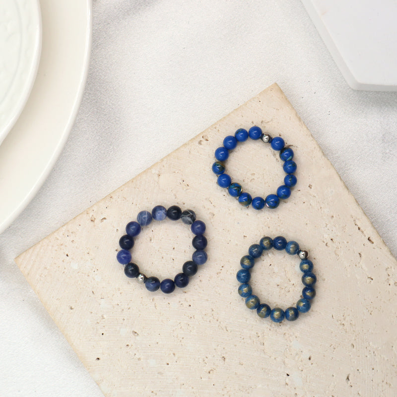 Newest Wholesale Fashion OEM Custom Rhodium Brass Gemstone 5mm Natural Stone Elastic Ring Handmade Beads Ring For Men Women