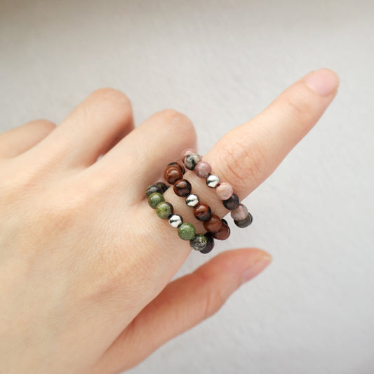 Bohemian Handmade Natural Semi-precious Stone Ring Multi Color Custom OEM Stretch Rope Gemstone Ring Boho 5mm Bead For Men Women
