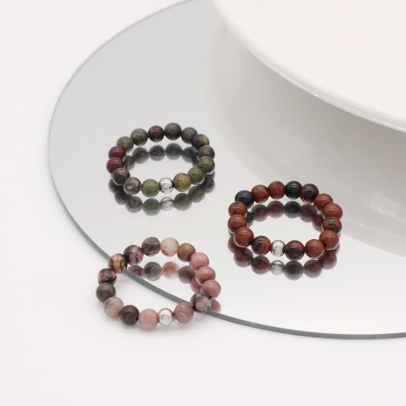 Bohemian Handmade Natural Semi-precious Stone Ring Multi Color Custom OEM Stretch Rope Gemstone Ring Boho 5mm Bead For Men Women