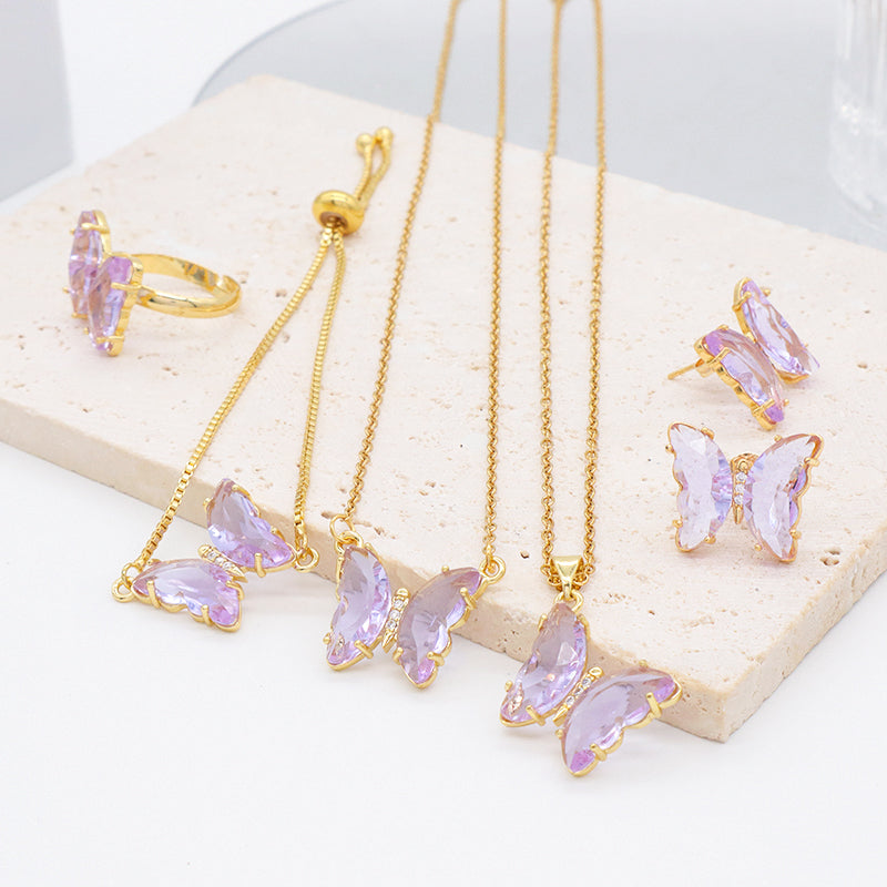 Wholesale 18K Gold Plated Butterfly Necklace Bracelet Ring Earring Stud Jewelry Glass Crystal Butterfly Jewelry Set for women