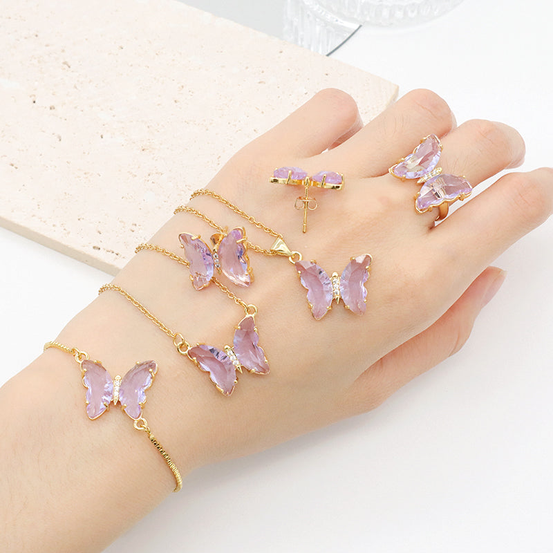 Wholesale 18K Gold Plated Butterfly Necklace Bracelet Ring Earring Stud Jewelry Glass Crystal Butterfly Jewelry Set for women