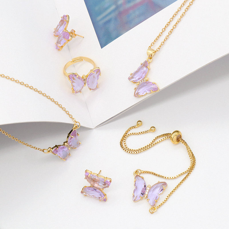 Wholesale 18K Gold Plated Butterfly Necklace Bracelet Ring Earring Stud Jewelry Glass Crystal Butterfly Jewelry Set for women