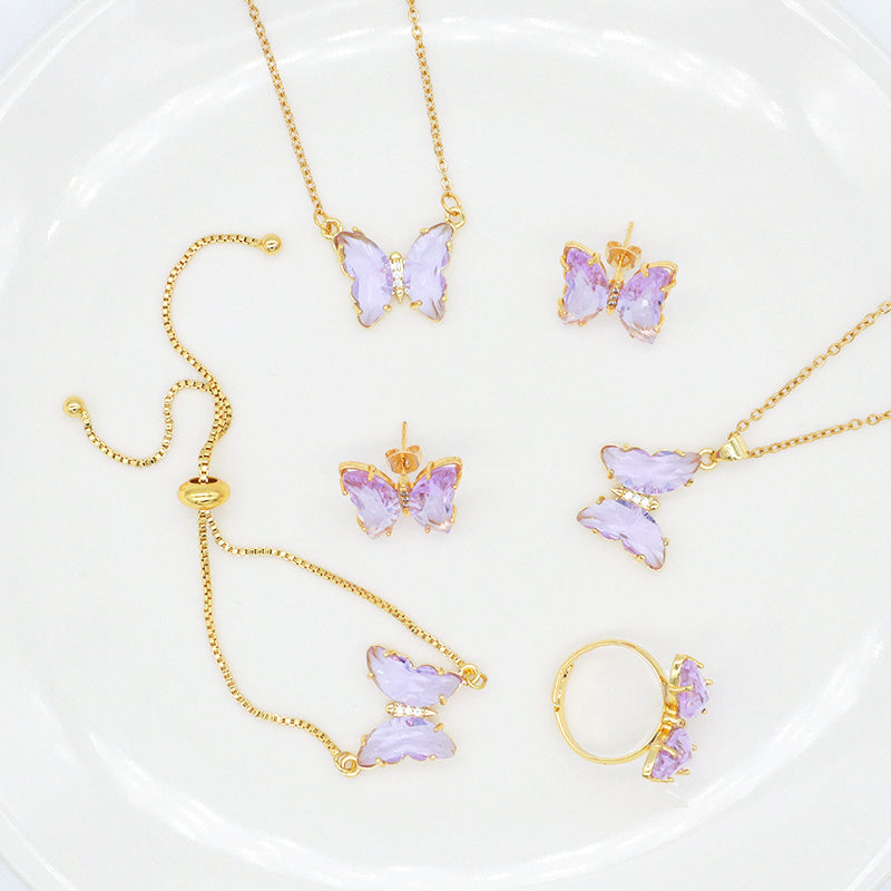 Wholesale 18K Gold Plated Butterfly Necklace Bracelet Ring Earring Stud Jewelry Glass Crystal Butterfly Jewelry Set for women