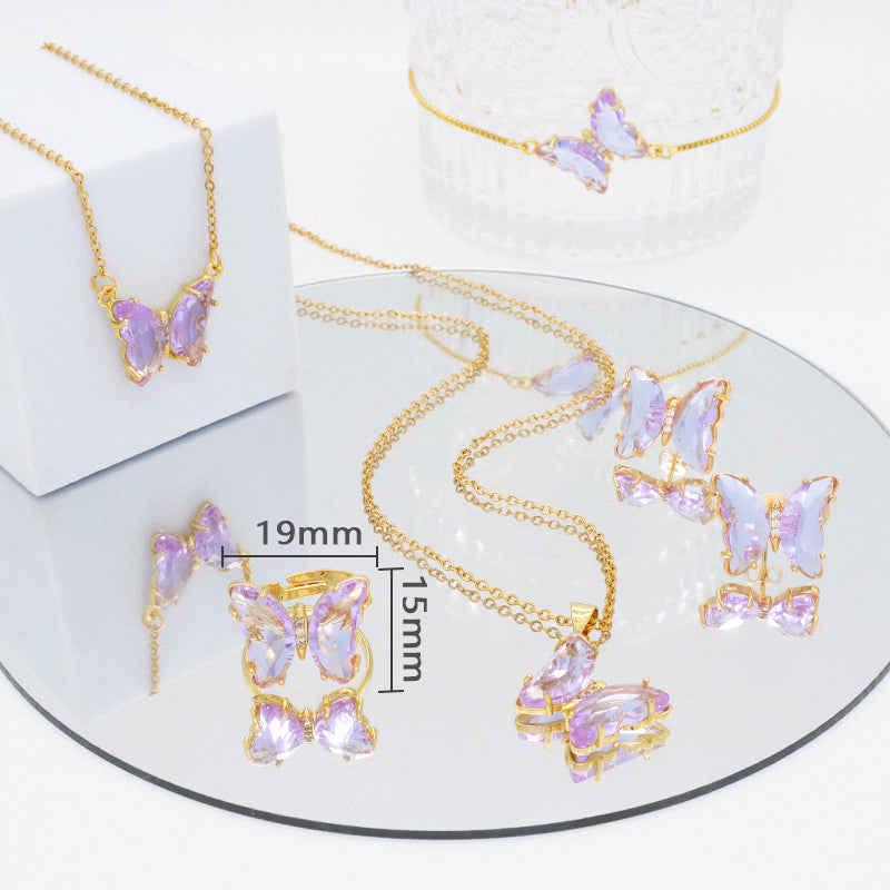 Wholesale 18K Gold Plated Butterfly Necklace Bracelet Ring Earring Stud Jewelry Glass Crystal Butterfly Jewelry Set for women