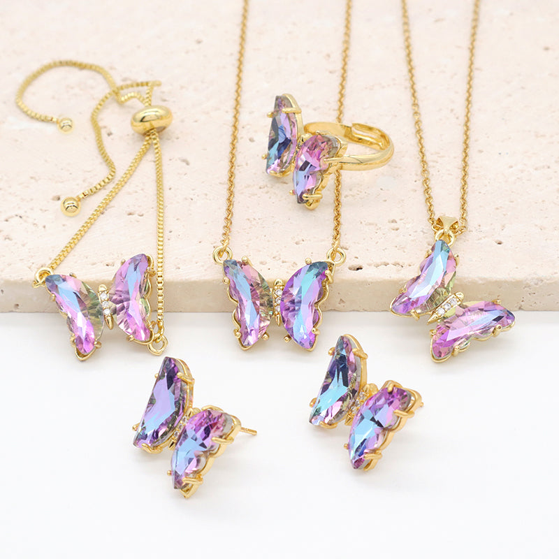 Butterfly 18K Gold Plated Bracelet Necklace Ring Earring Stud Jewelry Glass Crystal Butterfly Shiny Party Jewelry Set for women