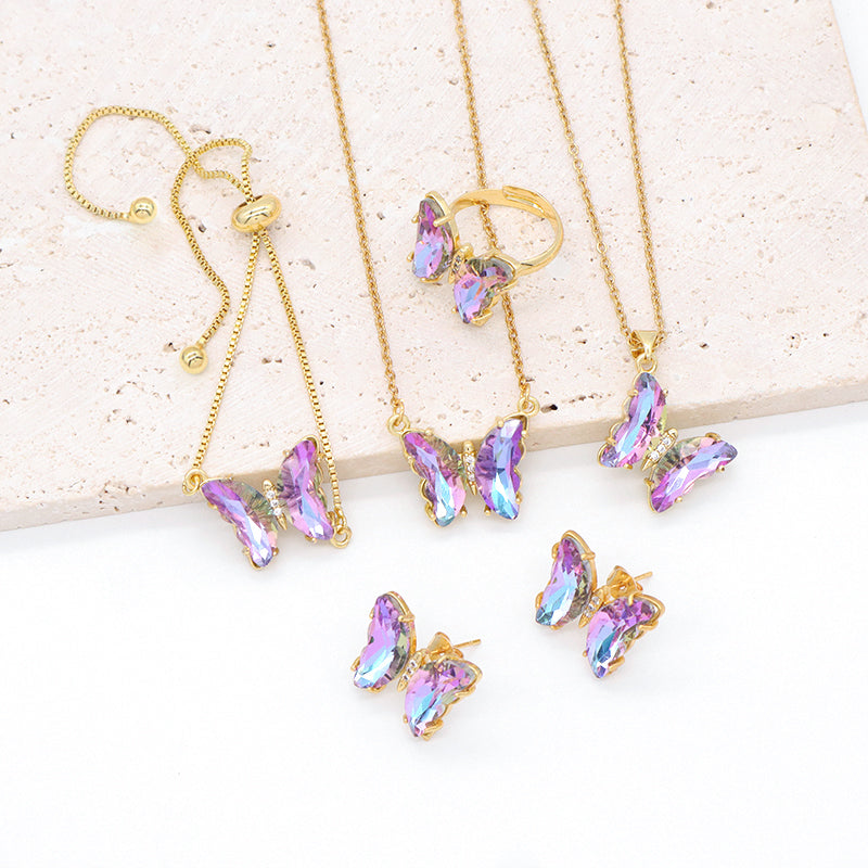 Butterfly 18K Gold Plated Bracelet Necklace Ring Earring Stud Jewelry Glass Crystal Butterfly Shiny Party Jewelry Set for women