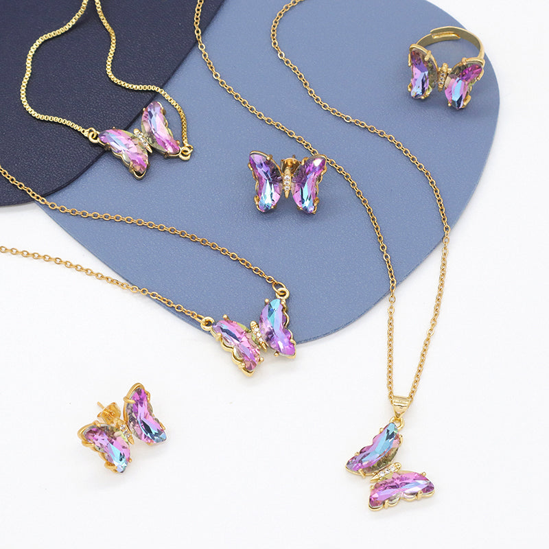 Butterfly 18K Gold Plated Bracelet Necklace Ring Earring Stud Jewelry Glass Crystal Butterfly Shiny Party Jewelry Set for women