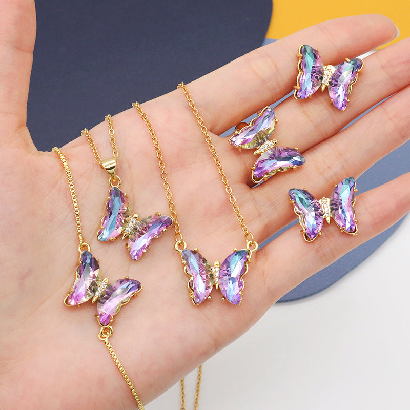 Butterfly 18K Gold Plated Bracelet Necklace Ring Earring Stud Jewelry Glass Crystal Butterfly Shiny Party Jewelry Set for women
