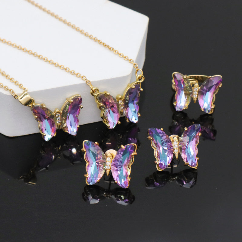 Butterfly 18K Gold Plated Bracelet Necklace Ring Earring Stud Jewelry Glass Crystal Butterfly Shiny Party Jewelry Set for women