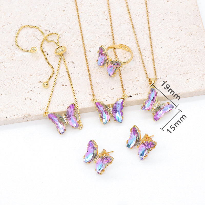 Butterfly 18K Gold Plated Bracelet Necklace Ring Earring Stud Jewelry Glass Crystal Butterfly Shiny Party Jewelry Set for women