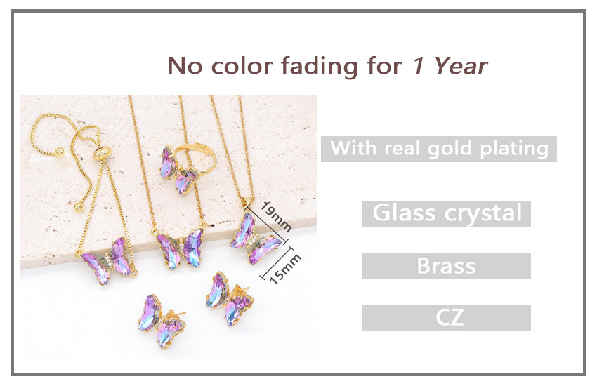 Butterfly 18K Gold Plated Bracelet Necklace Ring Earring Stud Jewelry Glass Crystal Butterfly Shiny Party Jewelry Set for women