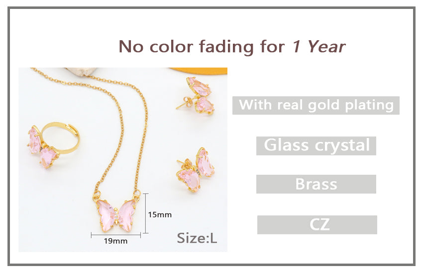 Wholesale Pink Butterfly Jewellery 18K Gold Plated Pendant Necklace Earring Stud Ring Glass Crystal Butterfly Jewelry Set