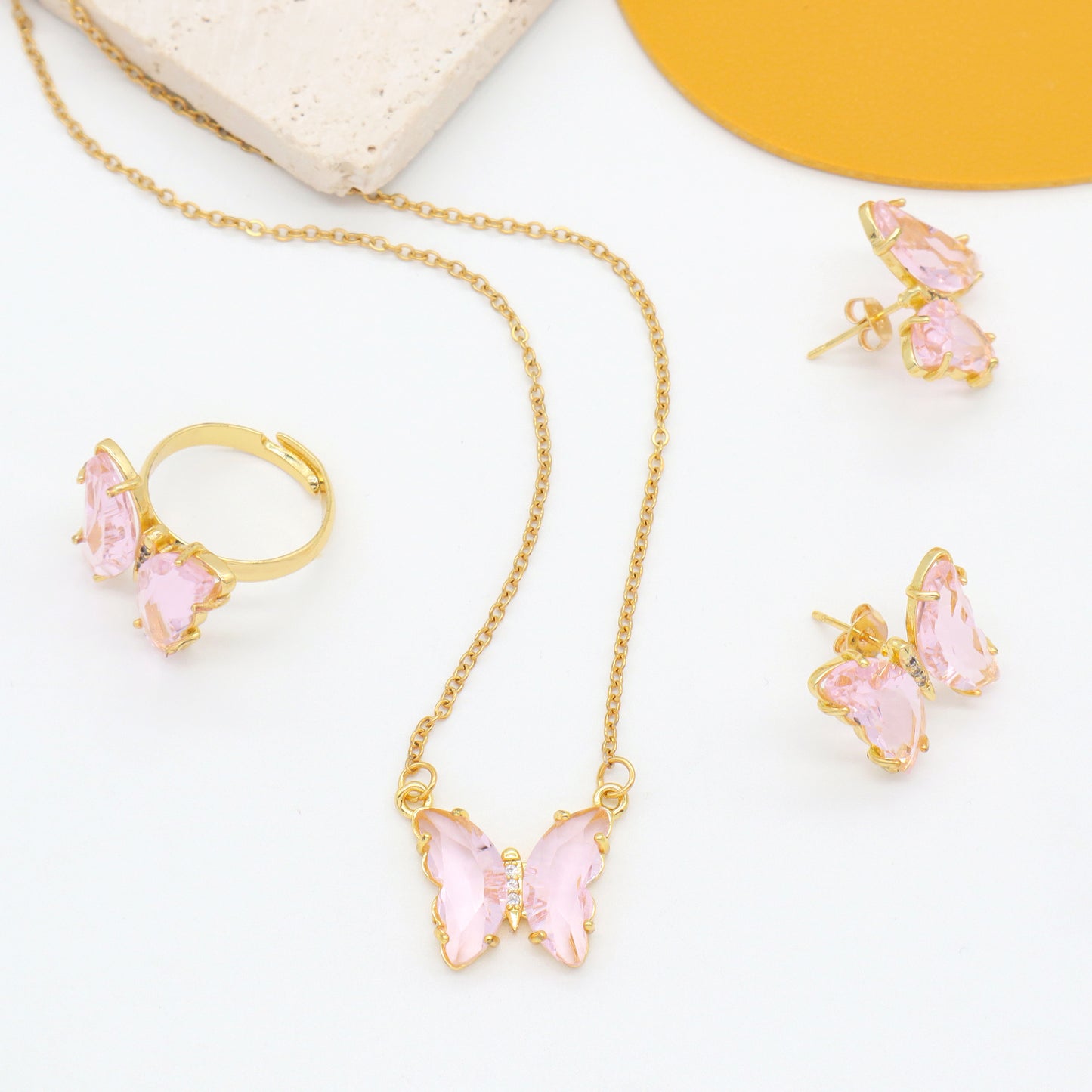 Wholesale Pink Butterfly Jewellery 18K Gold Plated Pendant Necklace Earring Stud Ring Glass Crystal Butterfly Jewelry Set