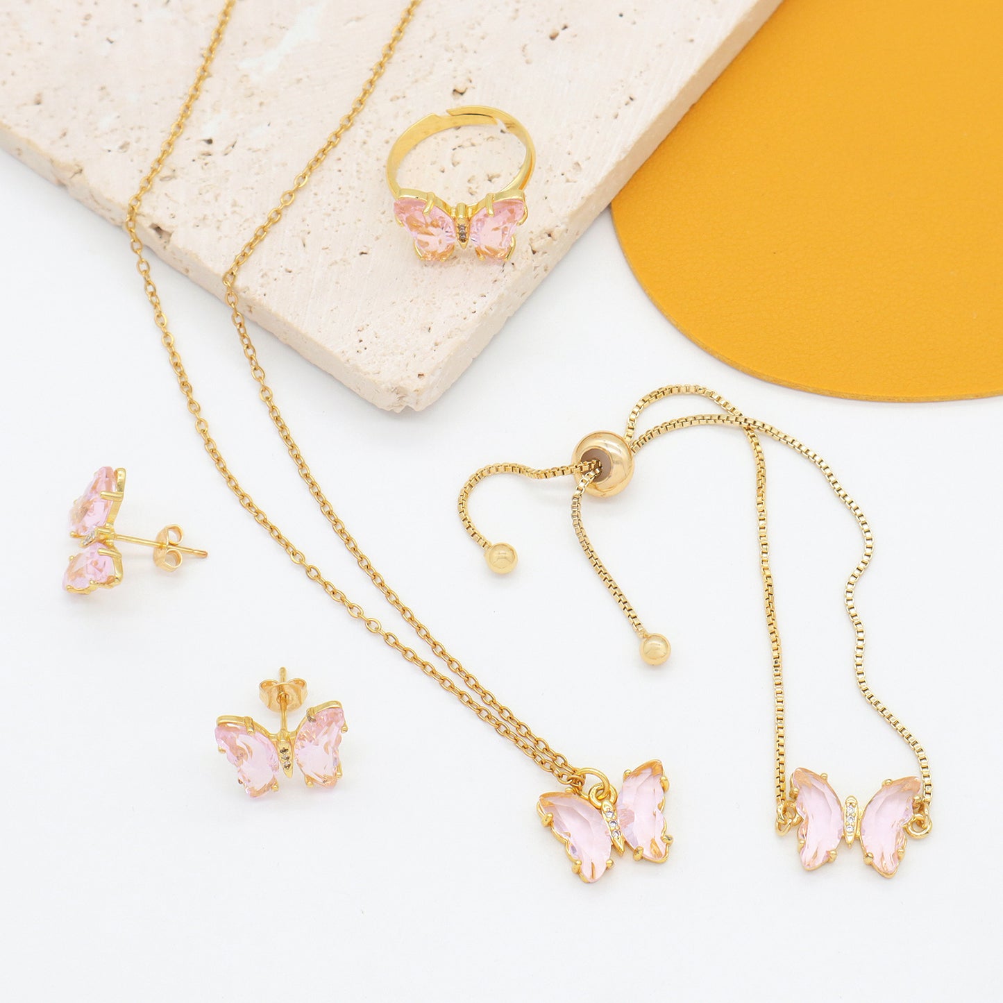 Wholesale Women Butterfly Necklace Bracelet Earring Stud Ring Jewelry 18K Gold Plated Pink Glass Crystal Butterfly Jewelry Set