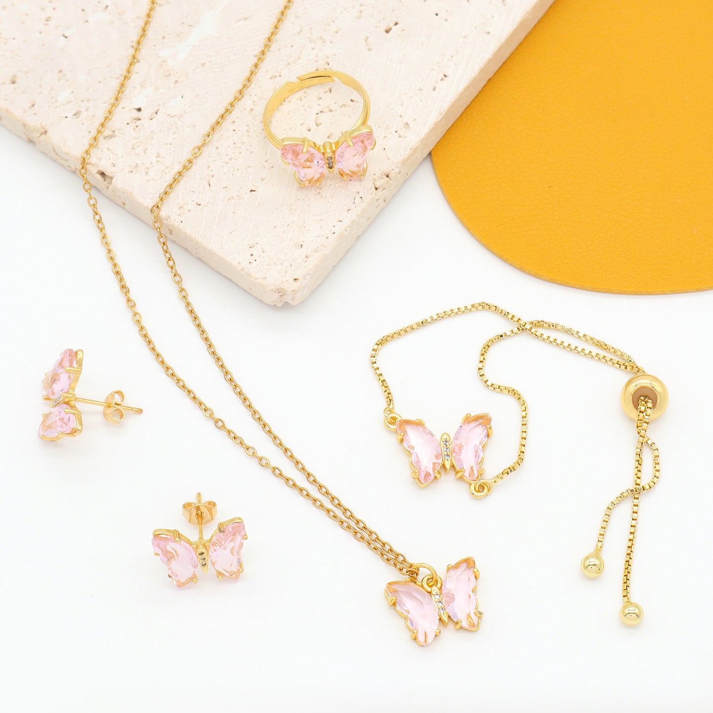 Pink Glass Crystal Butterfly Jewelry Set Butterfly Necklace Bracelet Ring Earring Stud 18K Gold Plated butterfly jewelry Making