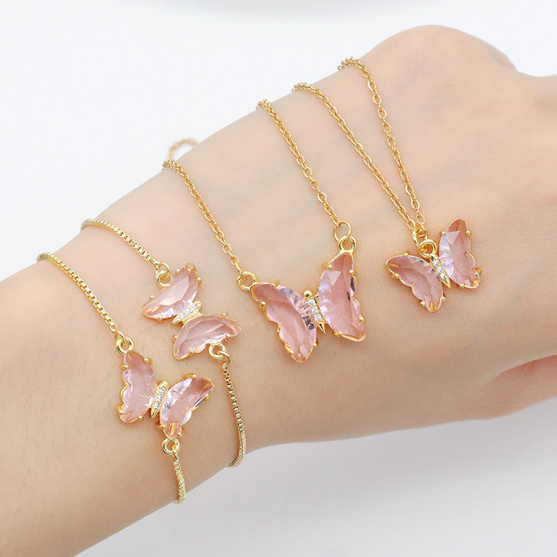 Wholesale Women Butterfly Necklace Bracelet Earring Stud Ring Jewelry 18K Gold Plated Pink Glass Crystal Butterfly Jewelry Set