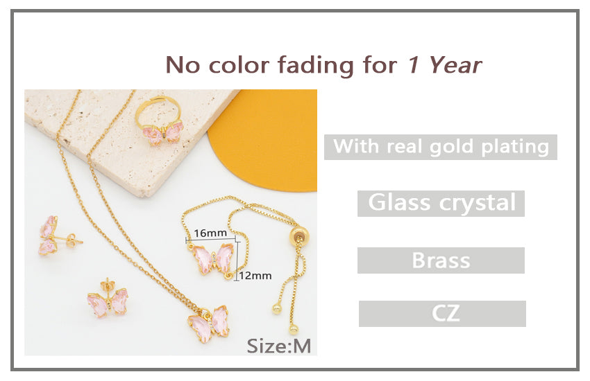 Wholesale Women Butterfly Necklace Bracelet Earring Stud Ring Jewelry 18K Gold Plated Pink Glass Crystal Butterfly Jewelry Set