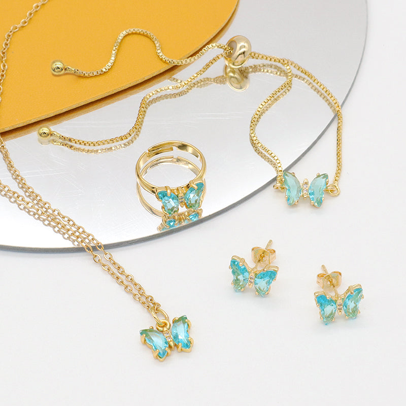 Miss Jewelry Bling Bling Glass Crystal Butterfly 18K Gold Plated Necklace Bracelet Ring Earring Stud Jewelry Set for Women