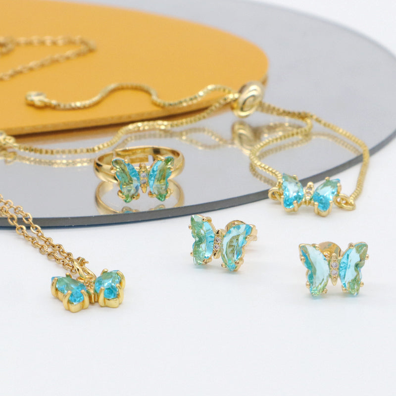 Miss Jewelry Bling Bling Glass Crystal Butterfly 18K Gold Plated Necklace Bracelet Ring Earring Stud Jewelry Set for Women
