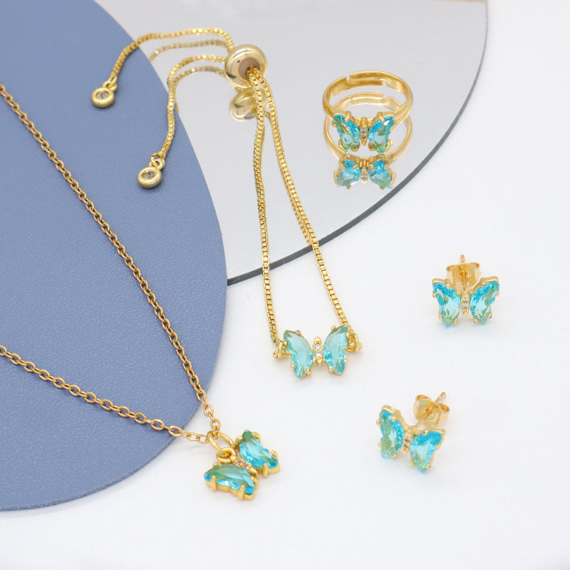 Miss Jewelry Bling Bling Glass Crystal Butterfly 18K Gold Plated Necklace Bracelet Ring Earring Stud Jewelry Set for Women
