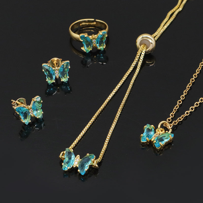 Miss Jewelry Bling Bling Glass Crystal Butterfly 18K Gold Plated Necklace Bracelet Ring Earring Stud Jewelry Set for Women