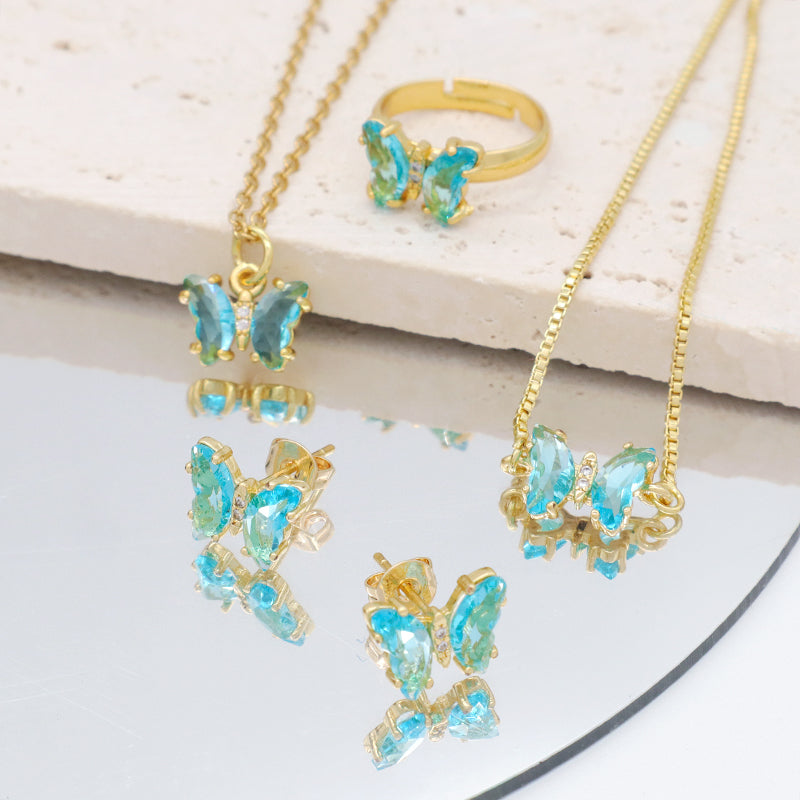Miss Jewelry Bling Bling Glass Crystal Butterfly 18K Gold Plated Necklace Bracelet Ring Earring Stud Jewelry Set for Women