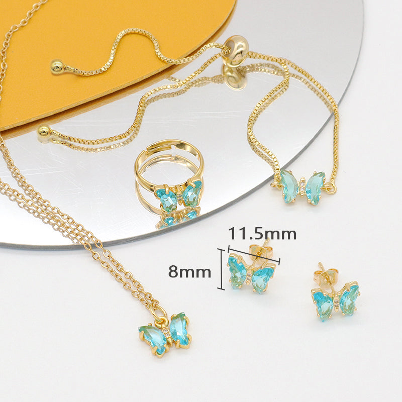 Miss Jewelry Bling Bling Glass Crystal Butterfly 18K Gold Plated Necklace Bracelet Ring Earring Stud Jewelry Set for Women